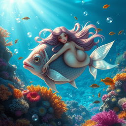 A stunning water spirit, resembling a beautiful fish with large breasts, gracefully swimming through a colorful coral reef