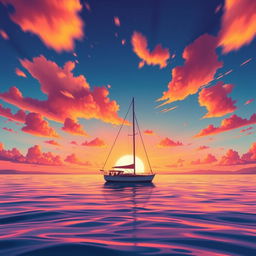 A vivid animation scene depicting a sailboat drifting aimlessly in the vast ocean without sails during a breathtaking sunset