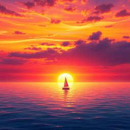 A vivid animation scene depicting a sailboat drifting aimlessly in the vast ocean without sails during a breathtaking sunset