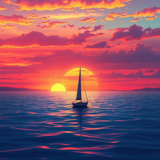 A vivid animation scene depicting a sailboat drifting aimlessly in the vast ocean without sails during a breathtaking sunset