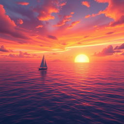 A vivid animation scene depicting a sailboat drifting aimlessly in the vast ocean without sails during a breathtaking sunset