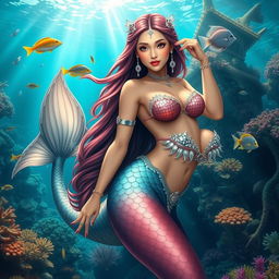 A beautiful Central Asian mermaid, featuring a stunning fish tail and large breasts, gracefully posed in an enchanting underwater landscape