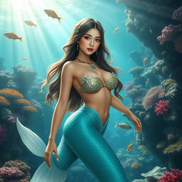 A beautiful Central Asian mermaid, featuring a stunning fish tail and large breasts, gracefully posed in an enchanting underwater landscape