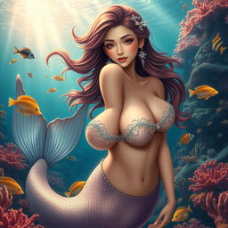 A beautiful Central Asian mermaid, featuring a stunning fish tail and large breasts, gracefully posed in an enchanting underwater landscape