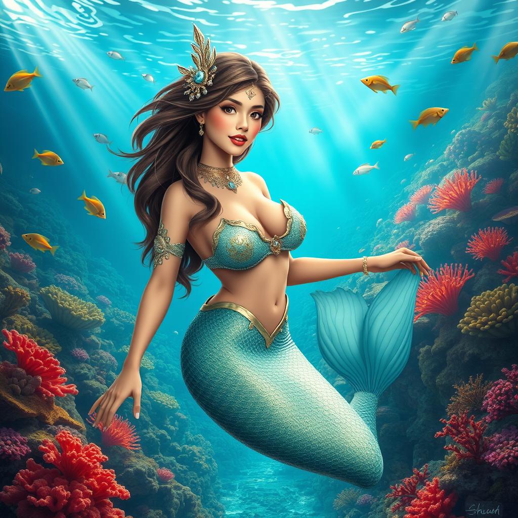 A beautiful Central Asian mermaid, featuring a stunning fish tail and large breasts, gracefully posed in an enchanting underwater landscape