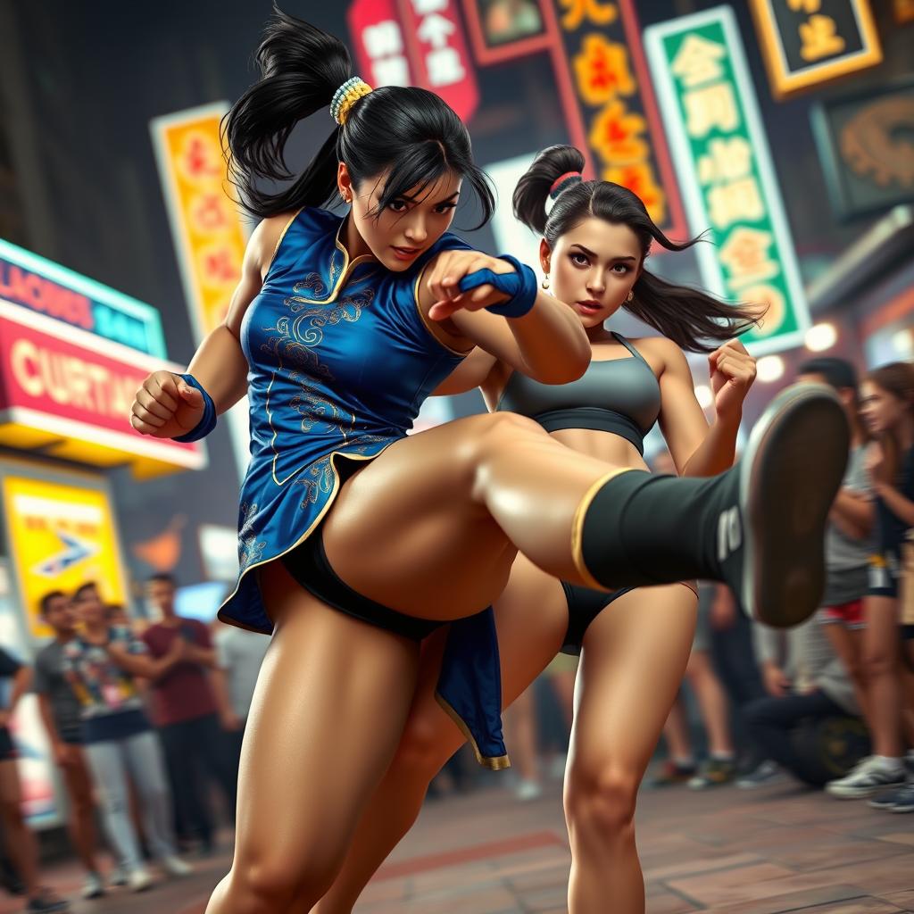 An action-packed scene featuring Chun-Li from Street Fighter, using her powerful legs to perform a chokehold on a female opponent