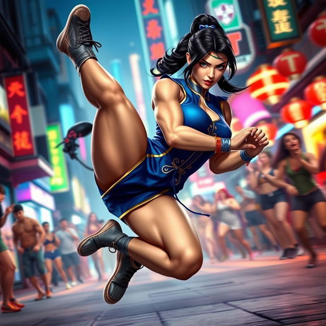 An action-packed scene featuring Chun-Li from Street Fighter, using her powerful legs to perform a chokehold on a female opponent