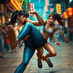 An action-packed scene featuring Chun-Li from Street Fighter, using her powerful legs to perform a chokehold on a female opponent