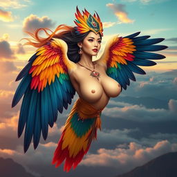 A beautiful Central Asian bird-woman hybrid, representing an enchanting and mystical creature with large breasts