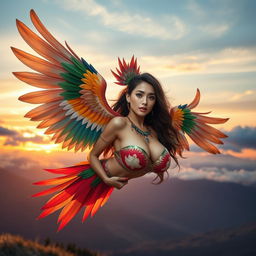 A beautiful Central Asian bird-woman hybrid, representing an enchanting and mystical creature with large breasts