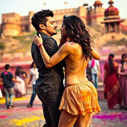 A sensual college girl resembling Nushrat Bharucha, wearing a low-waisted chiffon short skirt, engaged in an intimate moment with her classmate at a picturesque Rajasthani fort during the vibrant festival of Holi