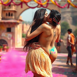 A sensual college girl resembling Nushrat Bharucha, wearing a low-waisted chiffon short skirt, engaged in an intimate moment with her classmate at a picturesque Rajasthani fort during the vibrant festival of Holi