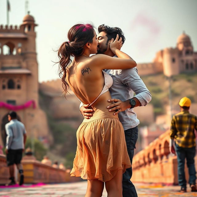 A sensual college girl resembling Nushrat Bharucha, wearing a low-waisted chiffon short skirt, engaged in an intimate moment with her classmate at a picturesque Rajasthani fort during the vibrant festival of Holi