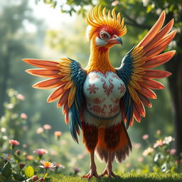 A beautiful bird-human hybrid with large breasts, embodying features of Central Asian aesthetics