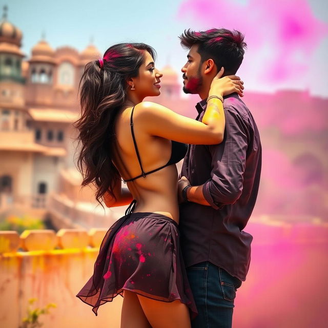 A sensual college girl resembling Nushrat Bharucha, wearing a low-waisted chiffon short skirt, engaged in a romantic scene with her classmate at a beautiful Rajasthani fort during the vibrant Holi festival