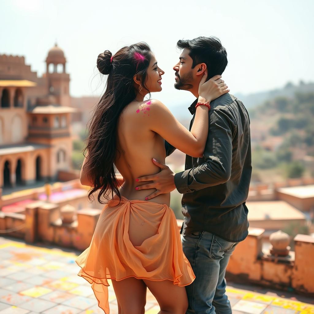 A sensual college girl resembling Nushrat Bharucha, wearing a low-waisted chiffon short skirt, engaged in a romantic scene with her classmate at a beautiful Rajasthani fort during the vibrant Holi festival