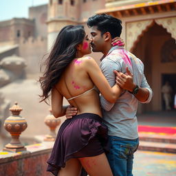 A sensual college girl resembling Nushrat Bharucha, wearing a low-waisted chiffon short skirt, engaged in a romantic scene with her classmate at a beautiful Rajasthani fort during the vibrant Holi festival