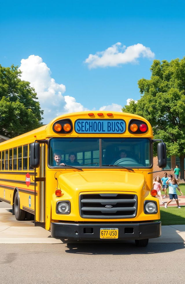 A bright yellow school bus parked in front of a cheerful elementary school, surrounded by a sunny playground with children playing happily