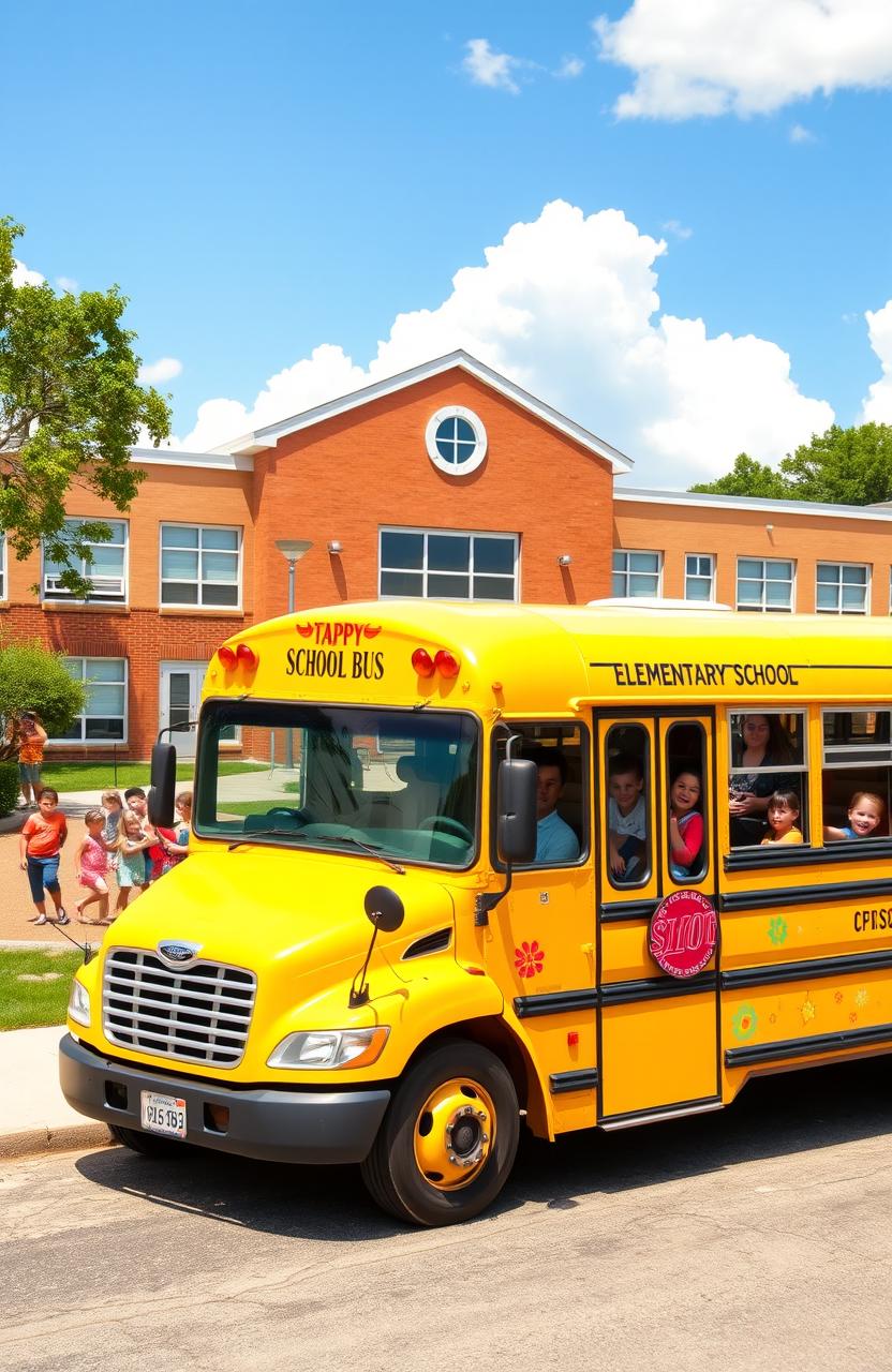 A bright yellow school bus parked in front of a cheerful elementary school, surrounded by a sunny playground with children playing happily