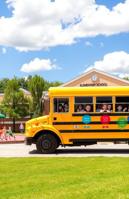 A bright yellow school bus parked in front of a cheerful elementary school, surrounded by a sunny playground with children playing happily