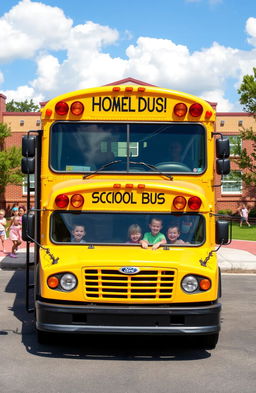 A bright yellow school bus parked in front of a cheerful elementary school, surrounded by a sunny playground with children playing happily