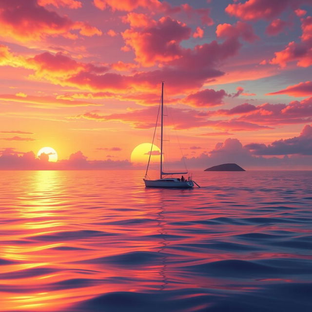 A vivid animation scene showcasing a sailboat drifting aimlessly in the tranquil ocean, completely without sails, during a stunning sunset