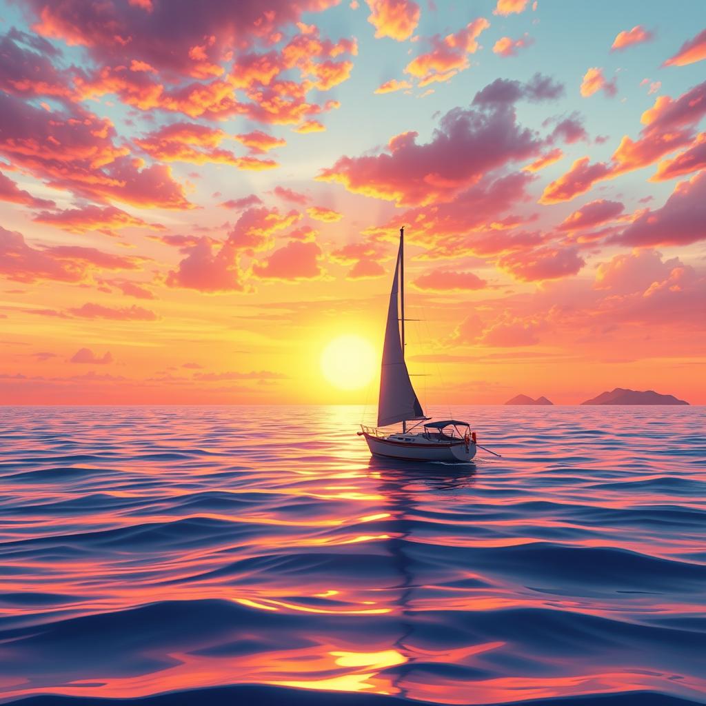 A vivid animation scene showcasing a sailboat drifting aimlessly in the tranquil ocean, completely without sails, during a stunning sunset