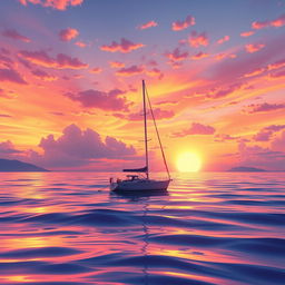A vivid animation scene showcasing a sailboat drifting aimlessly in the tranquil ocean, completely without sails, during a stunning sunset