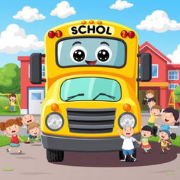 A cheerful cartoon-style yellow school bus with big, friendly eyes on the windshield, parked in front of a colorful elementary school