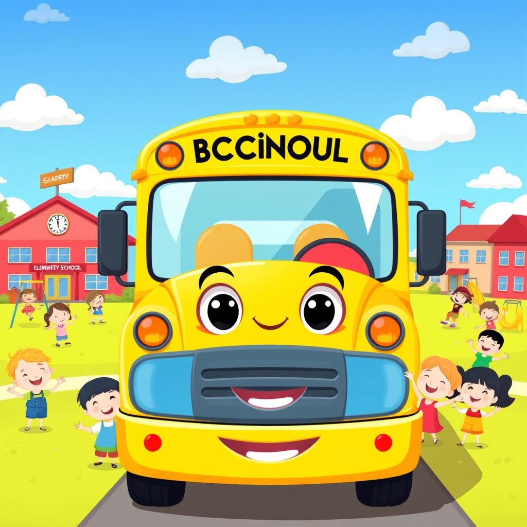 A cheerful cartoon-style yellow school bus with big, friendly eyes on the windshield, parked in front of a colorful elementary school