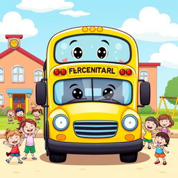 A cheerful cartoon-style yellow school bus with big, friendly eyes on the windshield, parked in front of a colorful elementary school