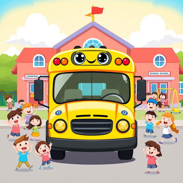 A cheerful cartoon-style yellow school bus with big, friendly eyes on the windshield, parked in front of a colorful elementary school