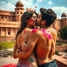 A sensual portrayal of a beautiful college girl inspired by Nushrat Bharucha, engaging in a passionate kiss with her male classmate at a vibrant Rajasthani fort during the Holi festival