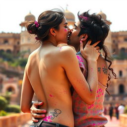 A sensual portrayal of a beautiful college girl inspired by Nushrat Bharucha, engaging in a passionate kiss with her male classmate at a vibrant Rajasthani fort during the Holi festival