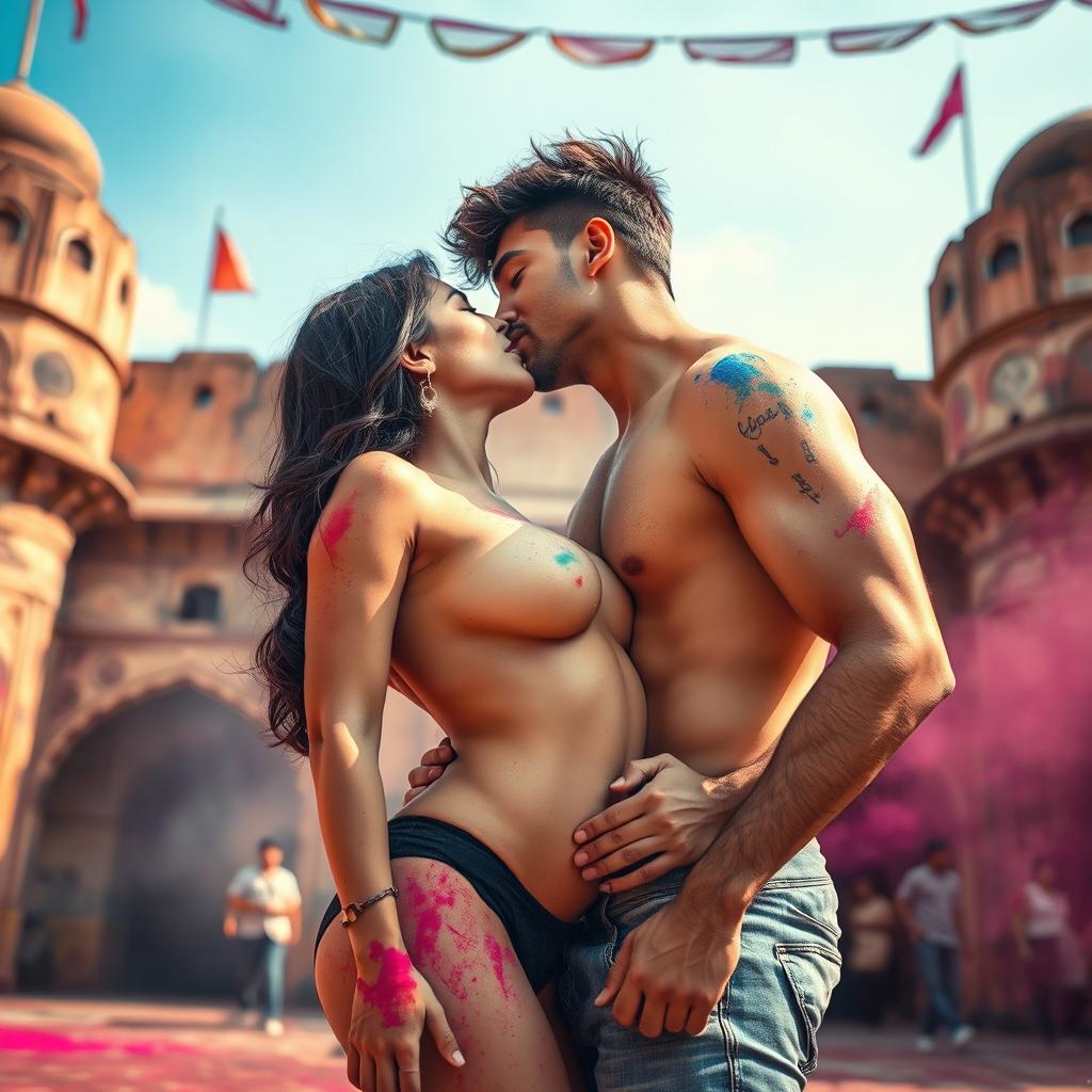 A sensual scene at a Rajasthani fort during Holi, featuring a college girl played by a voluptuous actress with dark hair, passionately kissing her male classmate