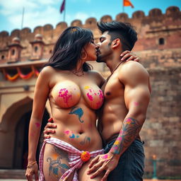 A sensual scene at a Rajasthani fort during Holi, featuring a college girl played by a voluptuous actress with dark hair, passionately kissing her male classmate