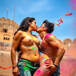 A sensual scene at a Rajasthani fort during Holi, featuring a college girl played by a voluptuous actress with dark hair, passionately kissing her male classmate