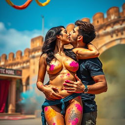 A sensual scene at a Rajasthani fort during Holi, featuring a college girl played by a voluptuous actress with dark hair, passionately kissing her male classmate