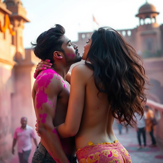 A sensual scene at a Rajasthani fort during Holi, featuring a college girl played by a voluptuous actress with long dark hair, passionately kissing her male classmate