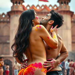 A sensual scene at a Rajasthani fort during Holi, featuring a college girl played by a voluptuous actress with long dark hair, passionately kissing her male classmate