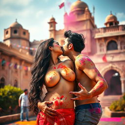 A sensual scene at a Rajasthani fort during Holi, featuring a college girl played by a voluptuous actress with long dark hair, passionately kissing her male classmate