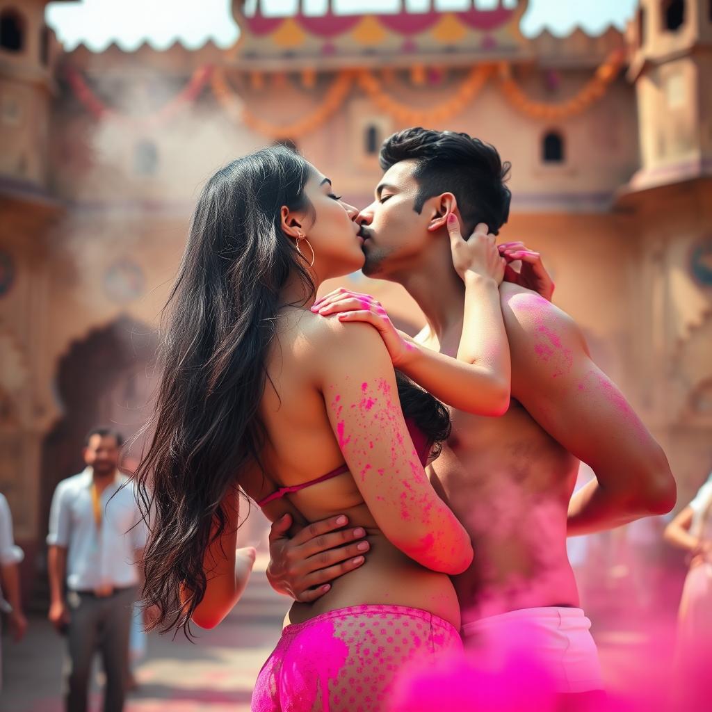 A sensual scene at a Rajasthani fort during Holi, featuring a college girl played by a voluptuous actress with long dark hair, passionately kissing her male classmate