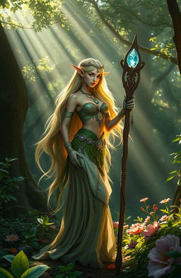 A mystical elven character standing gracefully in an enchanted forest, adorned with intricate silver and emerald jewelry, with long flowing hair that shimmers in shades of gold and green