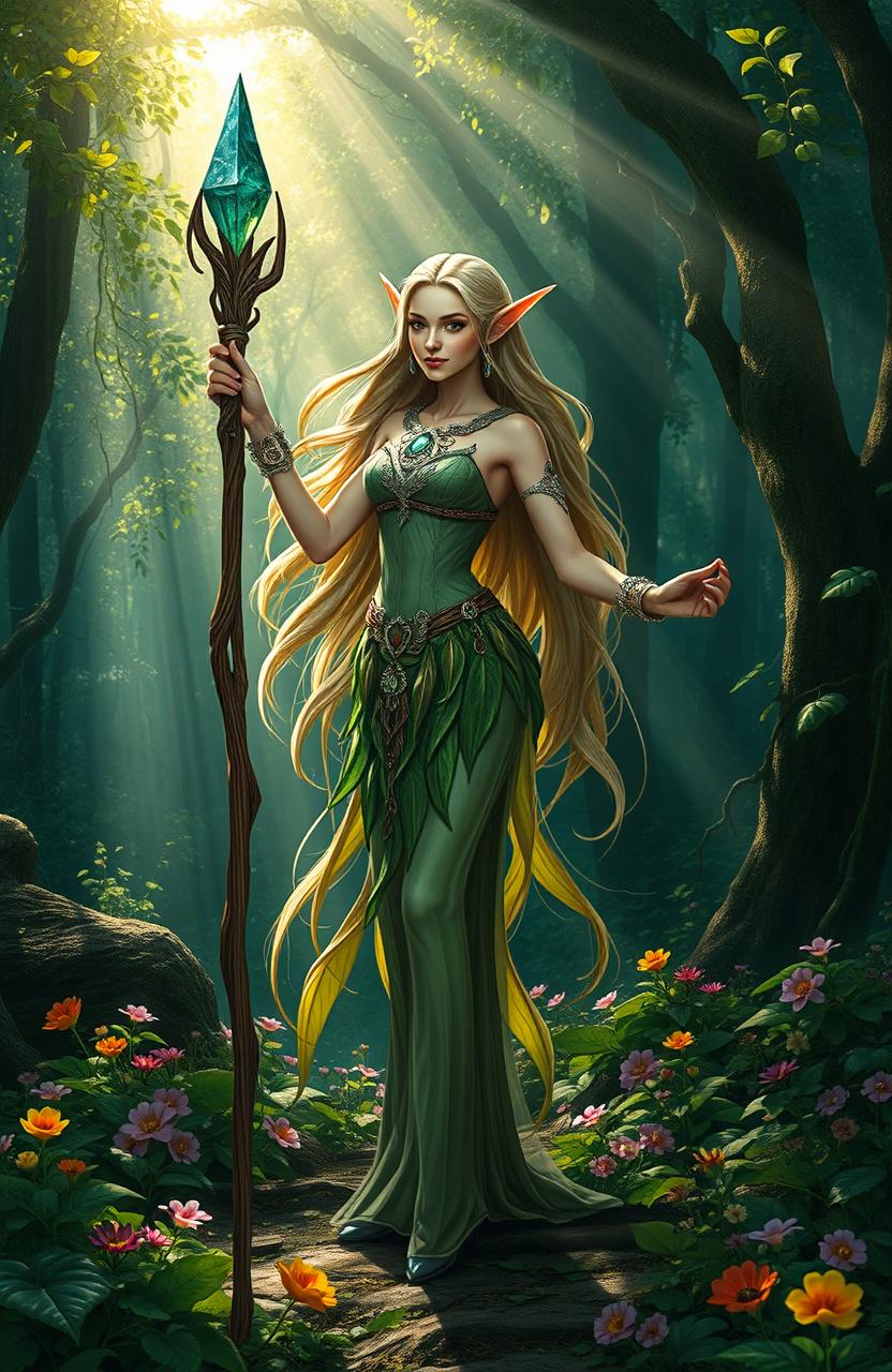 A mystical elven character standing gracefully in an enchanted forest, adorned with intricate silver and emerald jewelry, with long flowing hair that shimmers in shades of gold and green