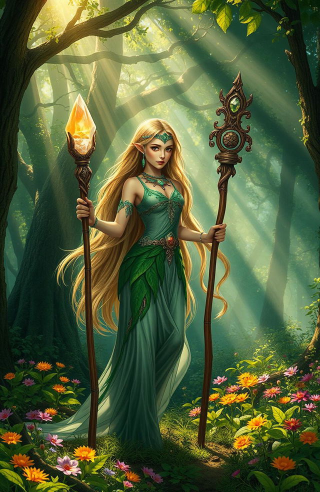 A mystical elven character standing gracefully in an enchanted forest, adorned with intricate silver and emerald jewelry, with long flowing hair that shimmers in shades of gold and green