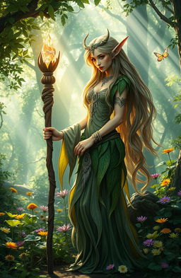 A mystical elven character standing gracefully in an enchanted forest, adorned with intricate silver and emerald jewelry, with long flowing hair that shimmers in shades of gold and green