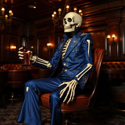 A skeleton Elvis impersonator sitting on a wooden chair, dressed in a midnight blue jumpsuit adorned with shimmering rhinestones resembling stars in the night sky