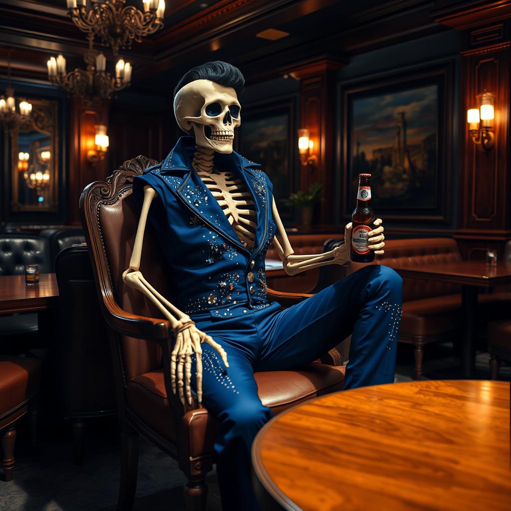 A skeleton Elvis impersonator sitting on a wooden chair, dressed in a midnight blue jumpsuit adorned with shimmering rhinestones resembling stars in the night sky