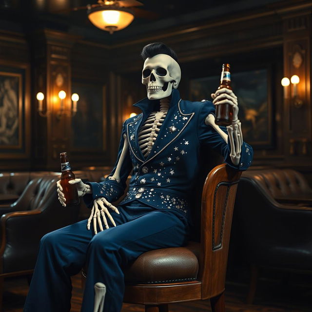 A skeleton Elvis impersonator sitting on a wooden chair, dressed in a midnight blue jumpsuit adorned with shimmering rhinestones resembling stars in the night sky