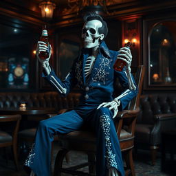 A skeleton Elvis impersonator sitting on a wooden chair, dressed in a midnight blue jumpsuit adorned with shimmering rhinestones resembling stars in the night sky